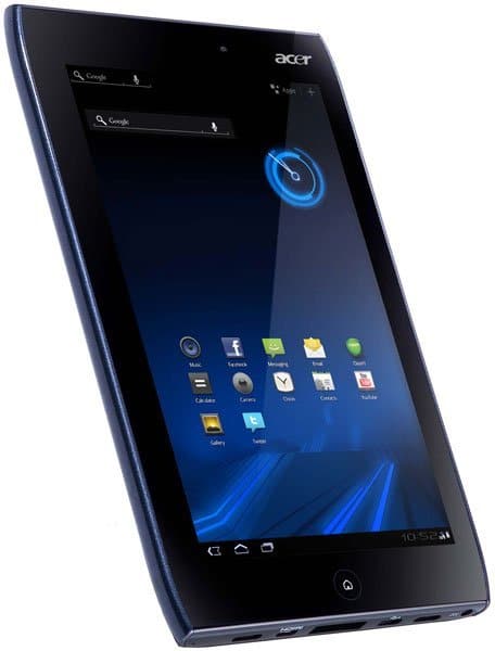 Front view of a black Acer tablet in portrait mode with the screen on, showing app icons and search bar on a blue background.
