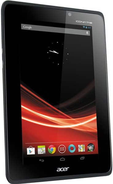 Acer Iconia Tab tablet in black, front angled view, screen on with Android home, app icons, and digital clock visible.