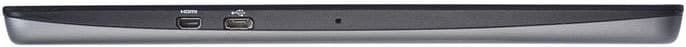 Device rear panel with HDMI and USB ports visible on the left side, and a small circular opening on the right
