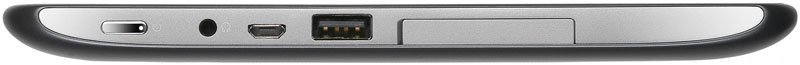 Side view of tablet showing lanyard hole, headphone jack, micro-USB port, charging/data connector, and covered slot.