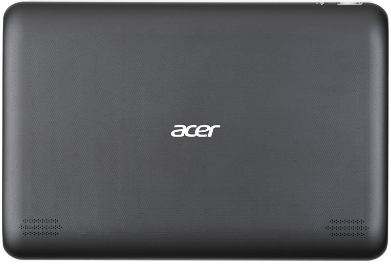 Rear view of black Acer laptop-tablet hybrid, Acer logo centered, twin bottom speaker grilles, subtly textured back panel.