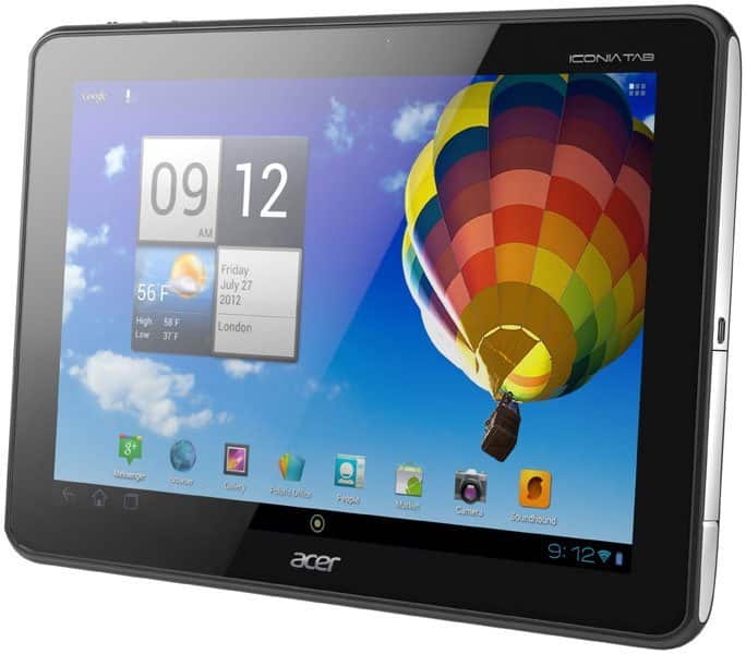 Front view of Acer ICONIA TAB showing home screen, hot air balloon wallpaper, and London weather widget dated July 27, 2012.