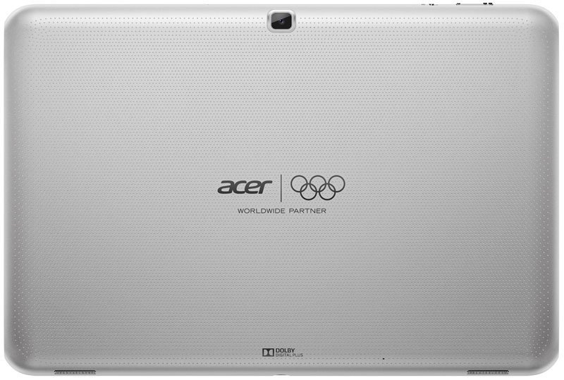 Rear view of silver Acer tablet with Acer logo, Olympic rings, "WORLDWIDE PARTNER" text, Dolby logo, and top rear camera.