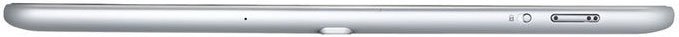 Tablet device shown from above, displaying top edge with speaker grille, camera lens, and control buttons in silver finish