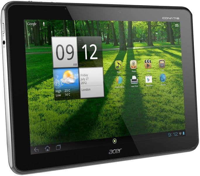 Front view of black Acer Iconia Tab displaying home screen with digital clock, weather widget, and app icons on a park wallpaper.