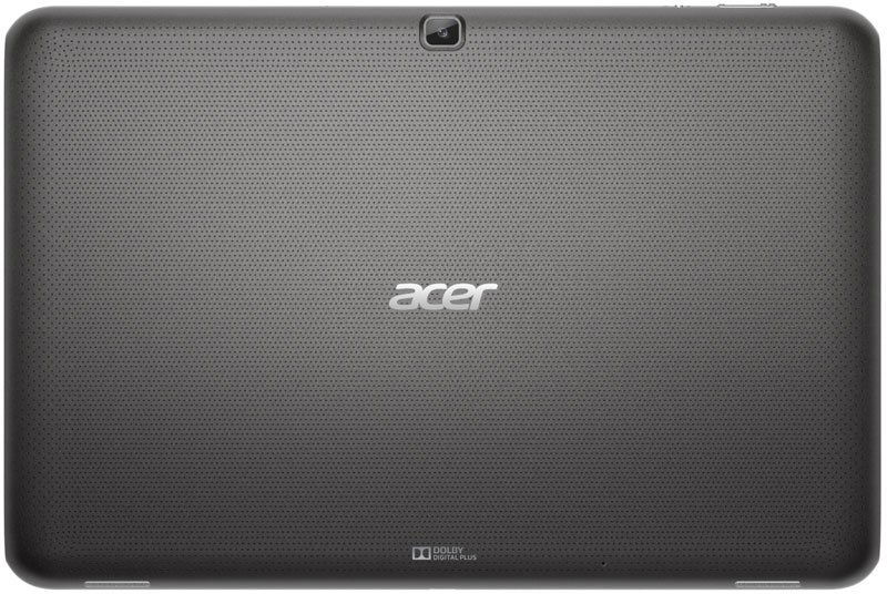 Rear view of black Acer tablet with central Acer logo, top rear camera, textured back, and Dolby Digital Plus logo near bottom.