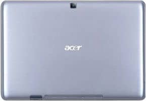 Top view of closed silver Acer laptop with centered Acer logo and small camera or sensor near the upper edge.