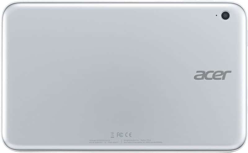 Rear view: Silver Acer tablet with logo, top-right camera, and bottom labels next to a classic Nokia 105 for size comparison.