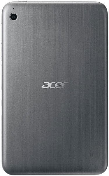 Acer tablet rear view with brushed metal finish, centered Acer logo, top-left camera, rounded edges, no back buttons visible.