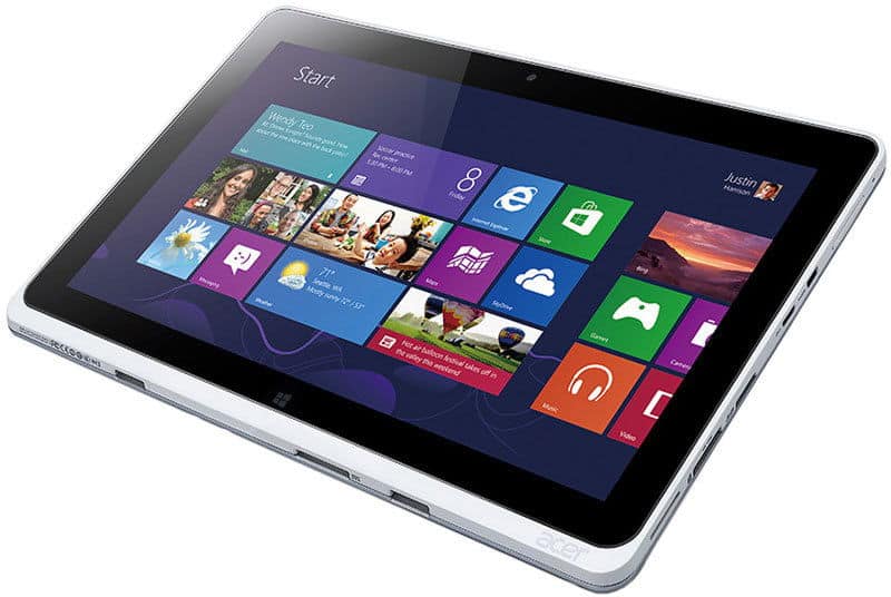 Black and silver Acer tablet showing Windows 8 start screen, viewed from a front angled top-down perspective.