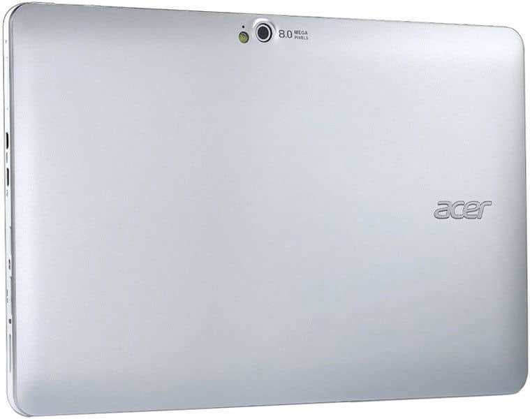 Rear view of a silver Acer tablet showing Acer logo, "8.0 MEGA PIXELS" rear camera, and left-edge side ports.