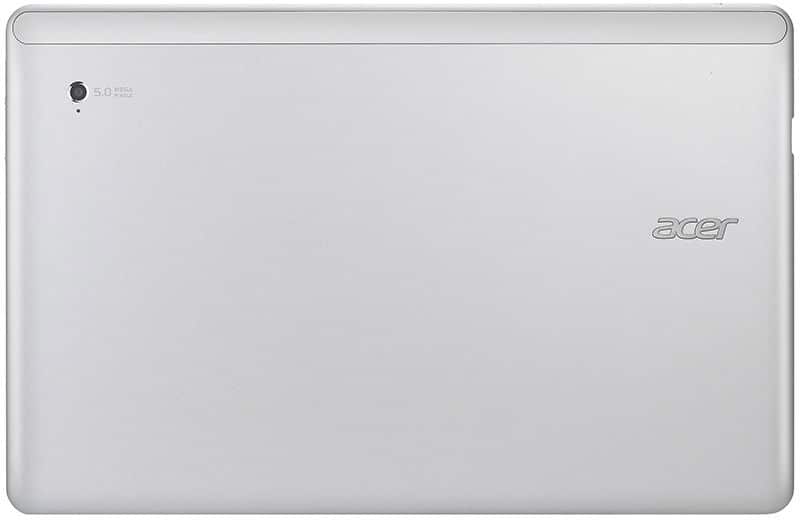 Rear view of silver Acer tablet, 5.0MP rear camera top left, Acer logo right side, smooth and uncluttered back panel.