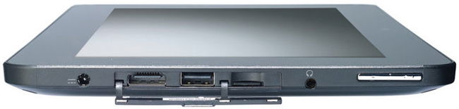 Side view of Samsung Galaxy Tab ports: USB, SD card slot, headphone jack, and more under a partially open protective flap.