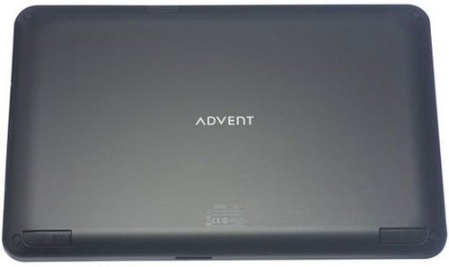 ADVENT laptop rear view from above, closed position, with central branding and two ventilation grills near bottom corners.