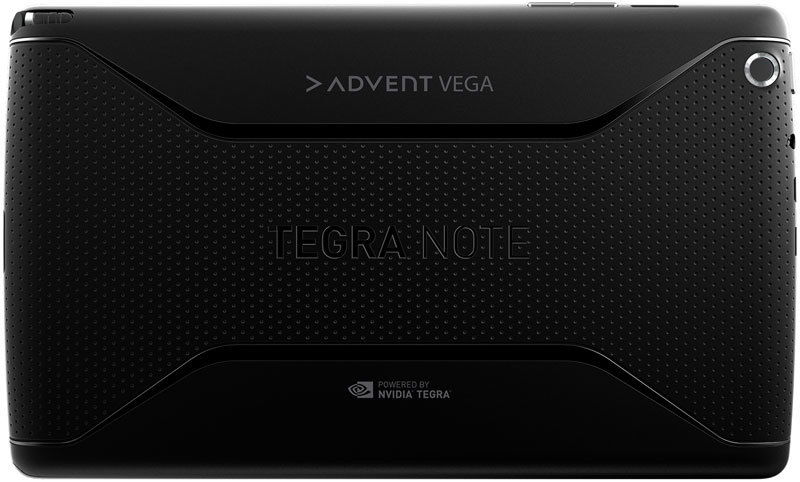 Rear view of black Advent Vega Tegra Note tablet with textured grip, top-right rear camera, and "TEGRA NOTE" branding.