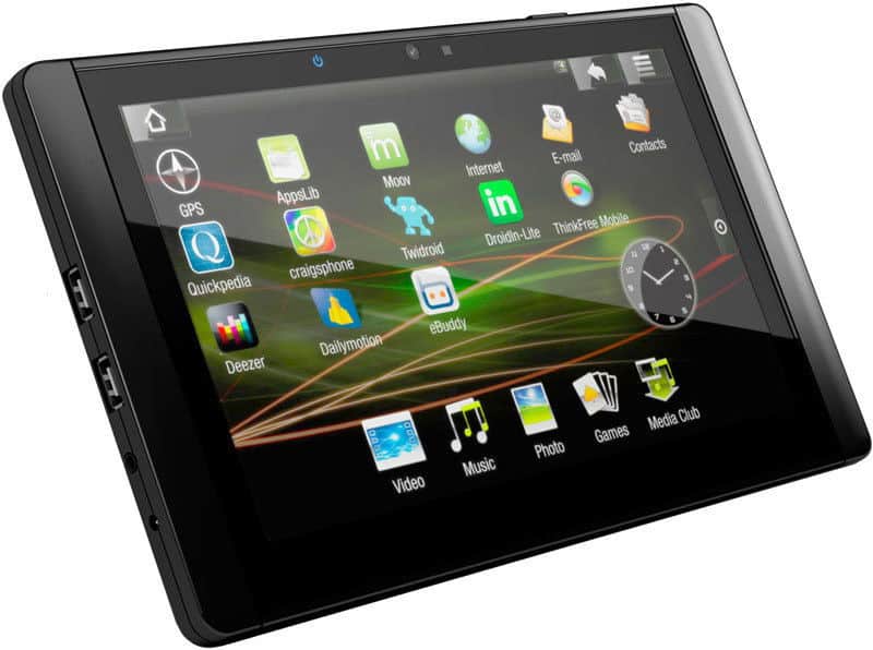 Front view of a black tablet showing home screen with app icons like GPS, Music, Games, Email, Contacts, and a digital clock widget.