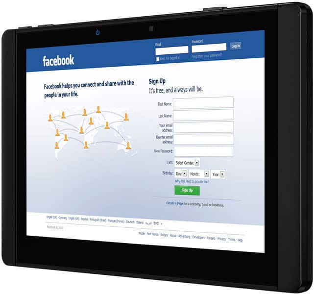 Front view of a tablet displaying the Facebook login screen with input fields and logo; brand and model not specified.