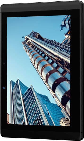 Front close-up of a tablet screen (brand/model not shown) displaying skyscrapers and modern buildings from a low angle.