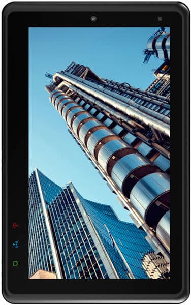 Front view of a black tablet, possibly iPad, displaying skyscrapers with exposed steel pipes on its screen.
