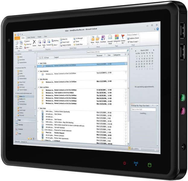 Front view of a black tablet (brand/model unspecified) showing email and calendar, side ports and buttons clearly visible.