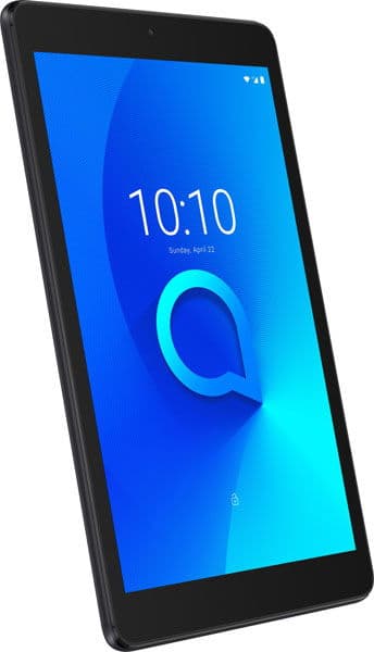 Front view of a smartphone with a blue screen showing 10:10, April 12; display distorted by diagonal pixelation.