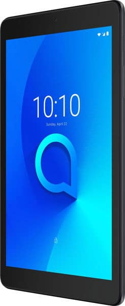 Front view of a black tablet, blue screen showing 10:10, April 22, with a large stylized "a" at center. Brand unspecified.