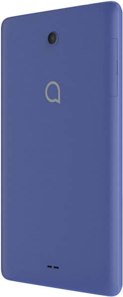 Blue Amazon Fire tablet rear angled view, single camera top left, speaker grille bottom, centered "a" logo.