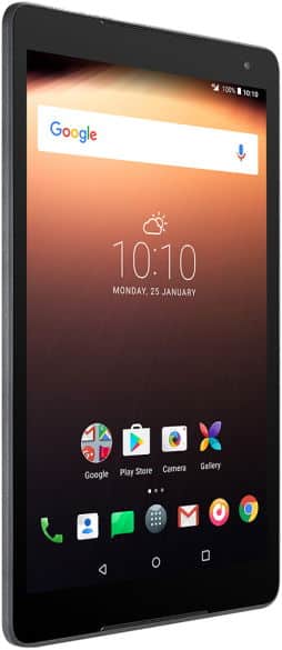 Black tablet angled to show front display with Google search bar, time, weather, and key app icons on a white background.
