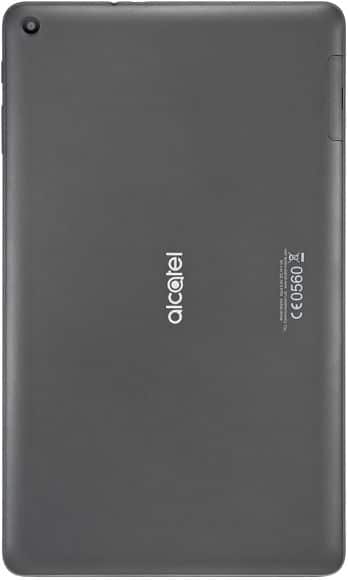 Rear view of gray Alcatel tablet; centered logo, bottom regulatory info, top right rear camera visible.