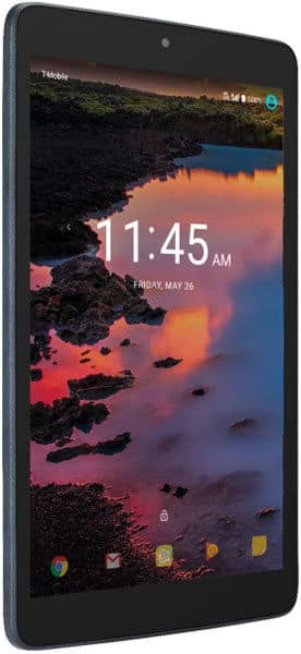 Front view of a black tablet, likely Samsung Galaxy Tab, with landscape wallpaper and docked app icons, showing 11:45 AM.