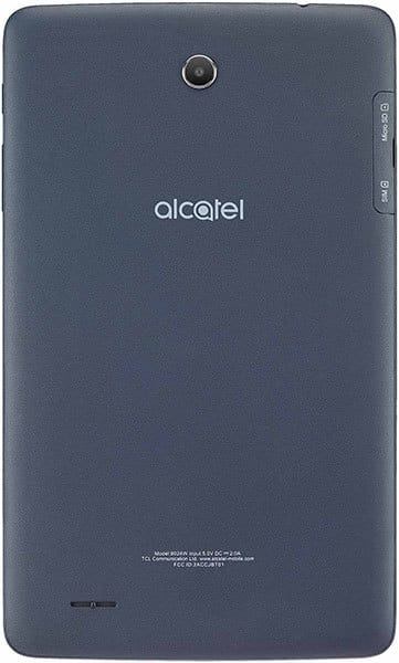 Alcatel tablet rear view in matte dark gray; top center camera, center logo, and right-side buttons with text labels.