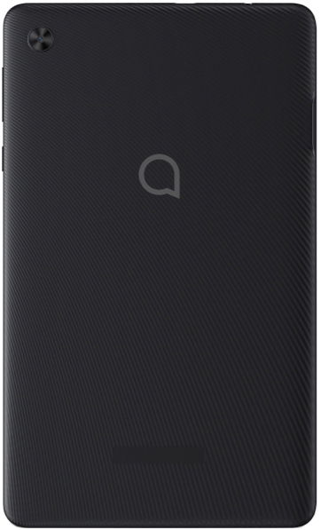 Rear view of black tablet showing top left camera, upper center logo, and subtle diagonal texture on the back panel.