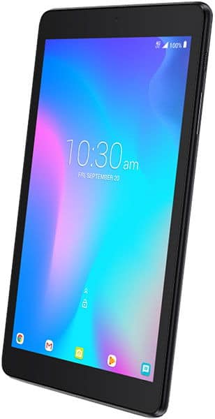 Front view of a black Samsung Galaxy Tab with 10:30 am, Friday, September 20 on screen and app icons along the bottom.
