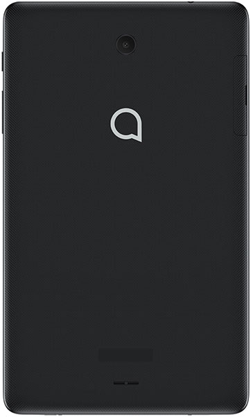 Rear view of black Samsung Galaxy Tab, single top-center camera, center logo, speaker grills at top right and bottom center.