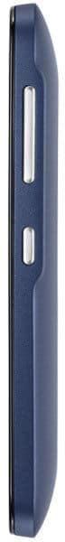 Side view of a blue tablet, showing two silver buttons for volume and power. Brand and model not identifiable from angle shown.