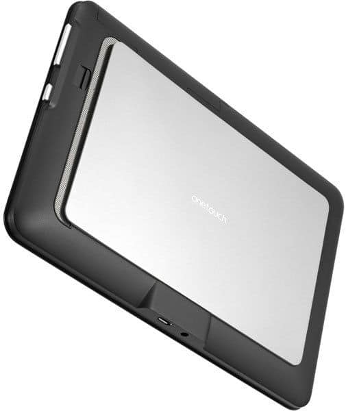 Rear view of Alcatel OneTouch tablet showcasing silver back panel, USB port, and side buttons.