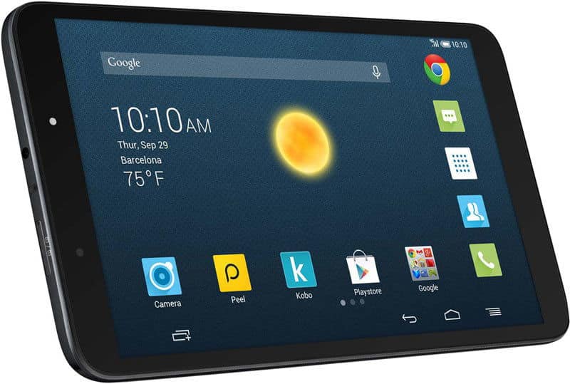 Front view of a black Samsung Galaxy Tab showing home screen, app icons, weather widget (75°F, sunny), and 10:10 AM, Sep 29.