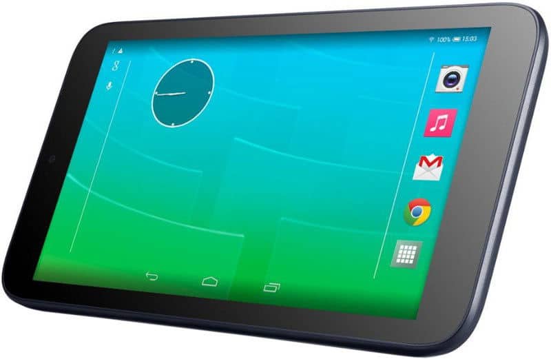 Front angled view of a black Android tablet with blue-green home screen and app icons, on a white background.
