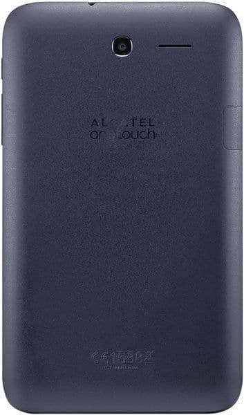 Rear view of dark gray Alcatel One Touch tablet with top camera and flash, upper right speaker slot, and center branding.