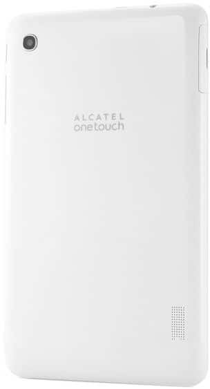 Rear view of white Alcatel OneTouch tablet with top-left camera, bottom-right speaker grill, and center branding visible.