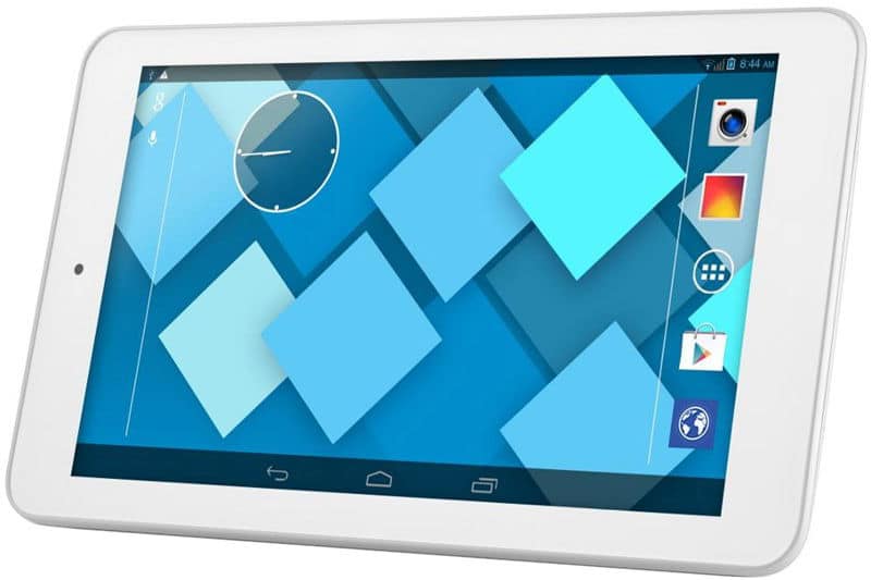 Front view of a white tablet with blue geometric wallpaper, app icons, and 9:44 AM displayed on the home screen.