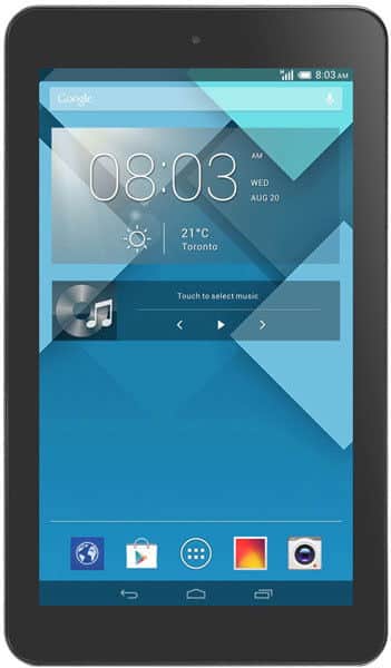Front view of a black tablet showing home screen: 8:03 AM, Aug 20, 21°C Toronto, music controls, five app icons below.