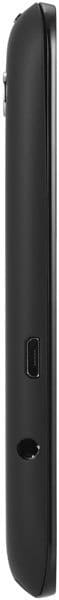 Side view of a slim black device showing a small button and a charging or connectivity port.