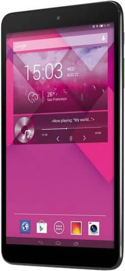 Front view of a black tablet, large pink home screen showing time 15:03, San Francisco weather, music controls, and app icons.