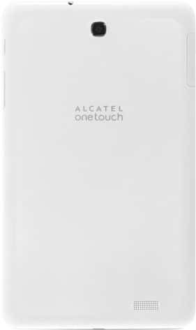 Rear view of white Alcatel OneTouch tablet with top camera, center logo, and bottom right speaker grille.