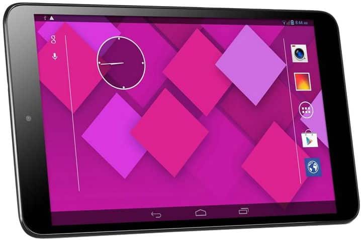 Front view of a black Android tablet with pink-purple geometric wallpaper, interface icons, and clock widget on the left.