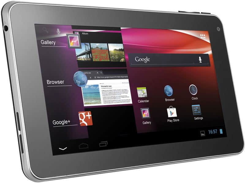 Front view of a black Android tablet showing its home screen with app icons; time displayed is 16:57. Brand/model not shown.