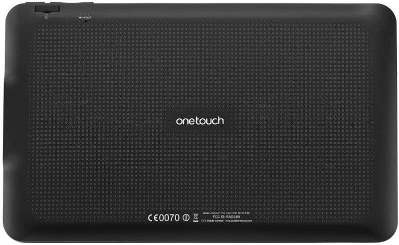 Rear view of black Alcatel OneTouch tablet with dotted texture, centered "onetouch" logo, and certification markings at bottom.