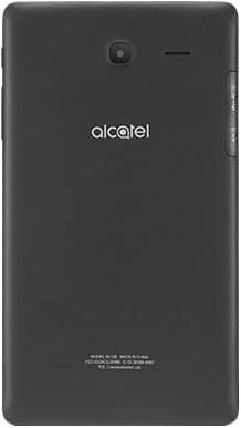 Rear view of black Alcatel tablet with centered logo, rear camera, speaker, and technical details near the bottom.