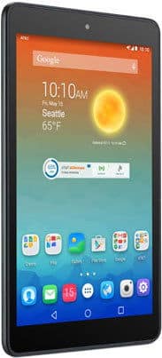 Samsung Galaxy Tab, front view angled right, showing Seattle weather widget and colorful app icons on the screen.
